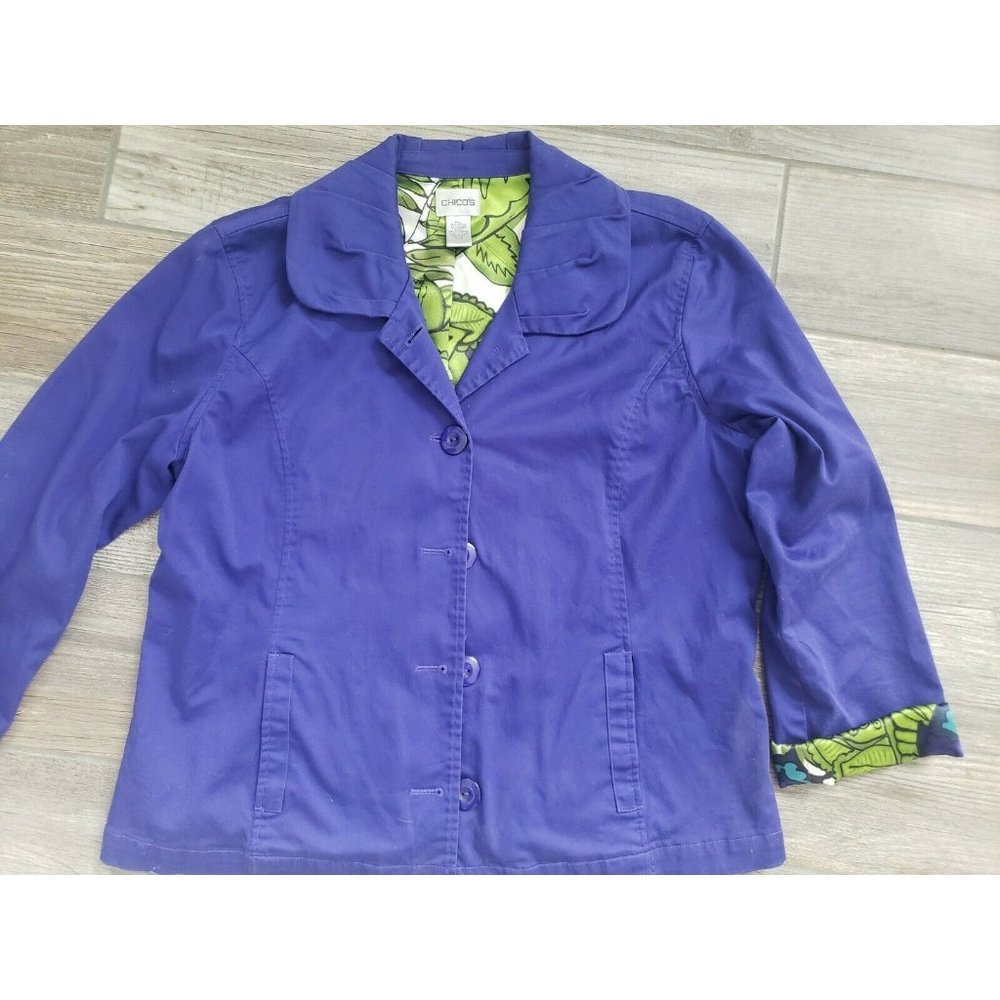 Chico Womens Size 2 Purple Blazer Jacket With Flor